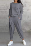 White Casual Solid Color Pocket O Neck Long Sleeve Two Pieces