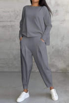 Grey Casual Solid Color Pocket O Neck Long Sleeve Two Pieces