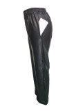 Black Casual Solid Color Pocket Regular High Waist Conventional Solid Color Trousers