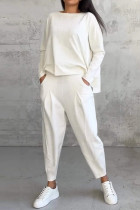 White Casual Solid Color Pocket O Neck Long Sleeve Two Pieces