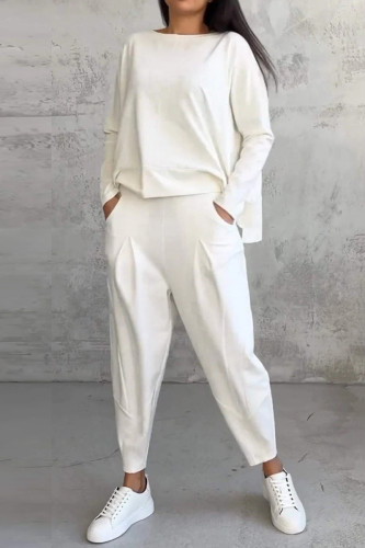White Casual Solid Color Pocket O Neck Long Sleeve Two Pieces