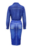 Blue Casual Print Slit Turndown Collar Long Sleeve Two Pieces