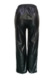 Black Casual Solid Color Pocket Regular High Waist Conventional Solid Color Trousers