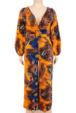 Purple Casual Print Patchwork V Neck Plus Size Jumpsuits