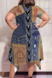 Multicolor Casual Street Faux Denim Print Pocket Irregular Contrast O Neck Printed Plus Size Dresses