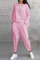 Pink Casual Solid Color Pocket O Neck Long Sleeve Two Pieces