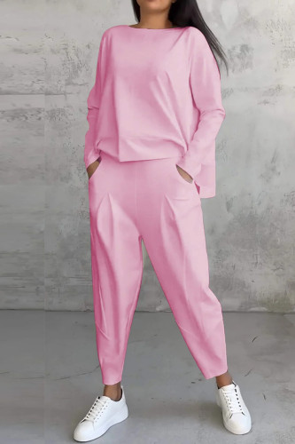 Pink Casual Solid Color Pocket O Neck Long Sleeve Two Pieces