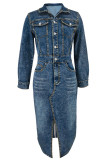 Blue Street Solid Color Pocket Buckle Patchwork Slit Turndown Collar Long Sleeve High Waist Regular Denim Dresses