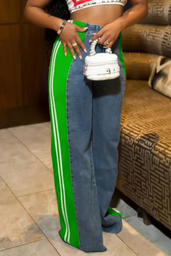 Green Casual Stripe Buttons Patchwork Zipper High Waist Loose Denim Jeans