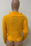 Yellow Casual Solid Color Ripped Patchwork Turtleneck Tops
