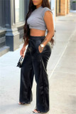 Black Casual Solid Color Pocket Regular High Waist Conventional Solid Color Trousers