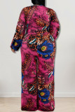 Purple Casual Print Patchwork V Neck Plus Size Jumpsuits