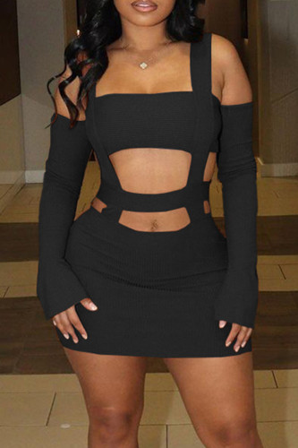 Black Sexy Solid Color Hollow Out Patchwork Square Neck Wrapped Skirt Dresses