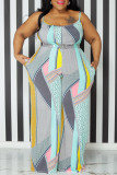 Green Casual Print Pocket Patchwork Spaghetti Strap Plus Size Jumpsuits