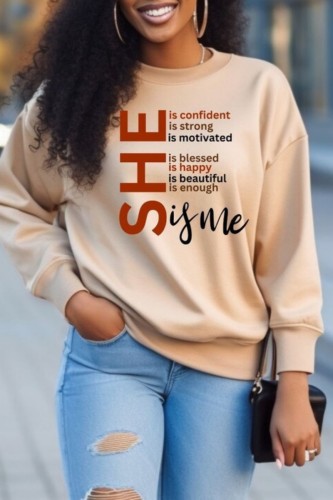 Light Khaki Casual Letter Print Basic O Neck Tops