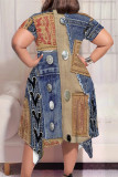 Multicolor Casual Street Faux Denim Print Pocket Irregular Contrast O Neck Printed Plus Size Dresses