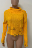 Yellow Casual Solid Color Ripped Patchwork Turtleneck Tops