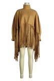 Army Green Casual Solid Color Fringed Trim Turtleneck Tops