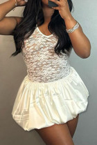 White Sexy Solid Color Lace Patchwork Ruched V Neck A Line Dresses