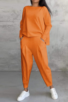 Orange Casual Solid Color Pocket O Neck Long Sleeve Two Pieces