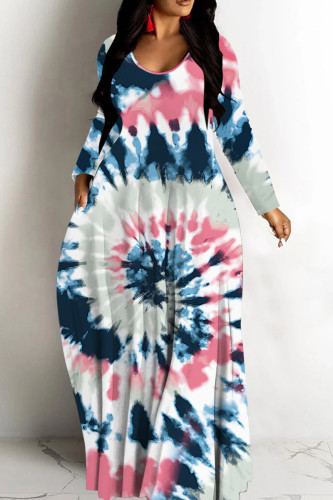 Tibetan Blue Casual Tie Dye Print Basic V Neck Long Dresses
