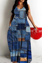 Medium Blue Casual Print Backless Spaghetti Strap Long Dresses