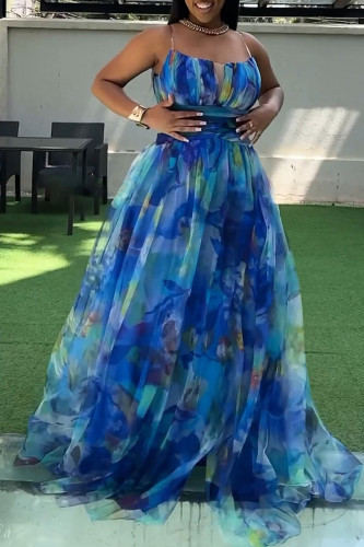 Blue Party Print Tiered Layer Spaghetti Strap A Line Dresses
