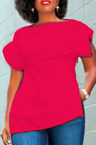 Rose Red Casual Solid Patchwork Slit Zipper O Neck T-Shirts