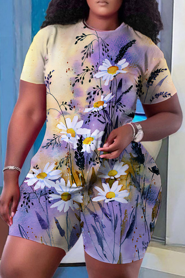 Purple Casual Floral Print Basic O Neck Short Sleeve Two Pieces