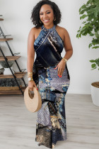Blue Black Casual Print Basic O Neck Long Dresses