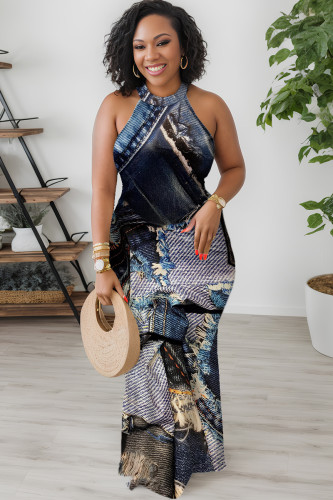 Blue Black Casual Print Basic O Neck Long Dresses