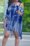 Blue Casual Print Irregular Oblique Collar Plus Size Two Pieces