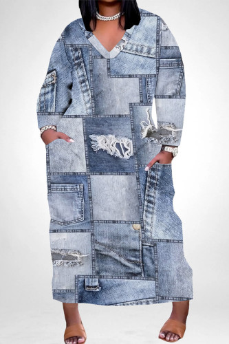 Baby Blue Casual Street Faux Denim Print Pocket V Neck Printed Plus Size Dresses