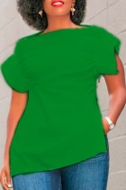 Green Casual Solid Patchwork Slit Zipper O Neck T-Shirts