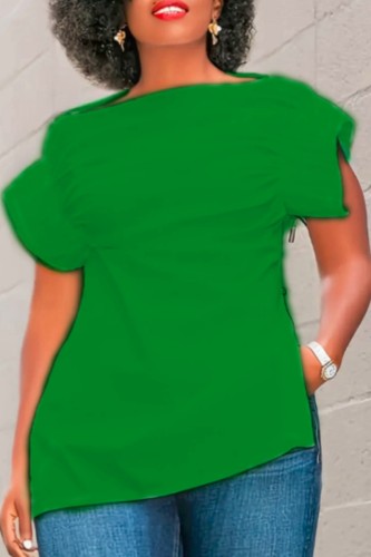 Green Casual Solid Patchwork Slit Zipper O Neck T-Shirts
