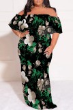 Turquoise Casual Print Patchwork Off Shoulder Long Plus Size Dresses