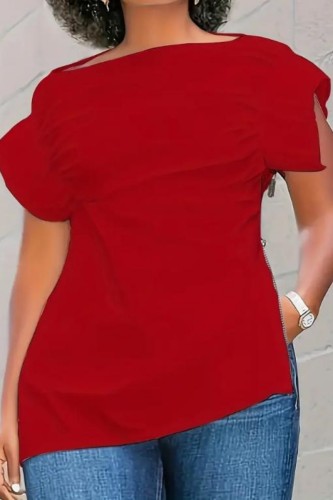 Red Casual Solid Patchwork Slit Zipper O Neck T-Shirts