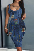 Dark Blue Print Basic U Neck Vest Dresses