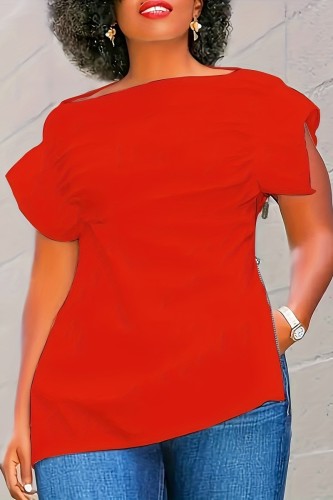 Tangerine Red Casual Solid Patchwork Slit Zipper O Neck T-Shirts