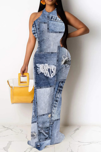 Baby Blue Casual Street Faux Denim Print Contrast O Neck Printed Dresses