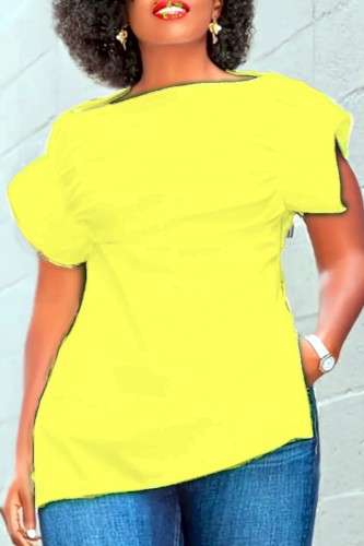Yellow Casual Solid Patchwork Slit Zipper O Neck T-Shirts
