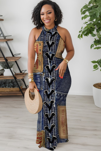 Blue Khaki Casual Print Basic O Neck Long Dresses