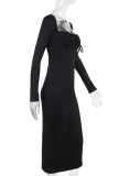 Black Elegant Solid Color Patchwork Backless Slit Strap Design Asymmetrical Collar Long Dresses