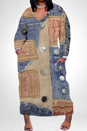 Multicolor Casual Street Faux Denim Print Pocket V Neck Printed Plus Size Dresses