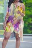 Blue Casual Print Irregular Oblique Collar Plus Size Two Pieces