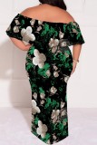 Turquoise Casual Print Patchwork Off Shoulder Long Plus Size Dresses
