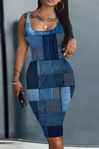 Royal Blue Casual Print Basic U Neck Vest Dresses