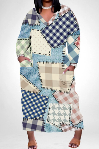 White Blue Casual Street Faux Denim Print Pocket V Neck Printed Plus Size Dresses