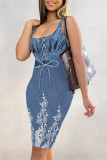 Blue Coffee Sexy Street Faux Denim Print Contrast U Neck Printed Dresses