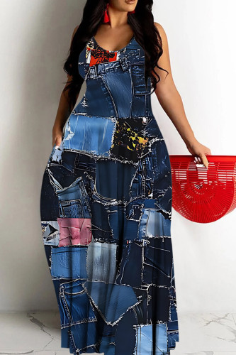 Dark Blue Casual Print Backless Spaghetti Strap Long Dresses